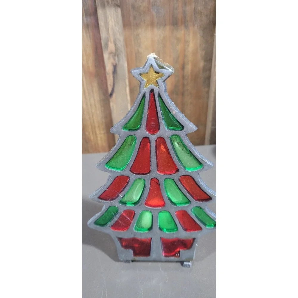Vintage Interpur Cast Iron Stained Glass Christmas Tree Candle Holder 7.75